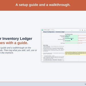 The Setup tab with its walkthrough: a setup guide, then log what you add, sell, use or count in-the-moment.