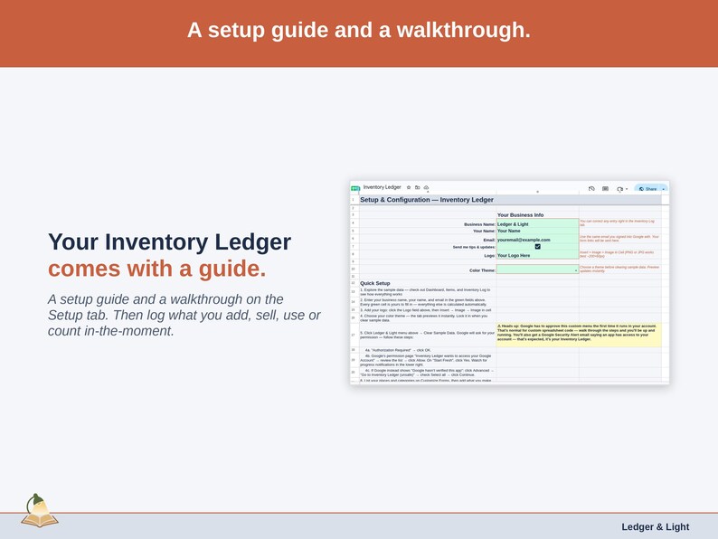 The Setup tab with its walkthrough: a setup guide, then log what you add, sell, use or count in-the-moment.