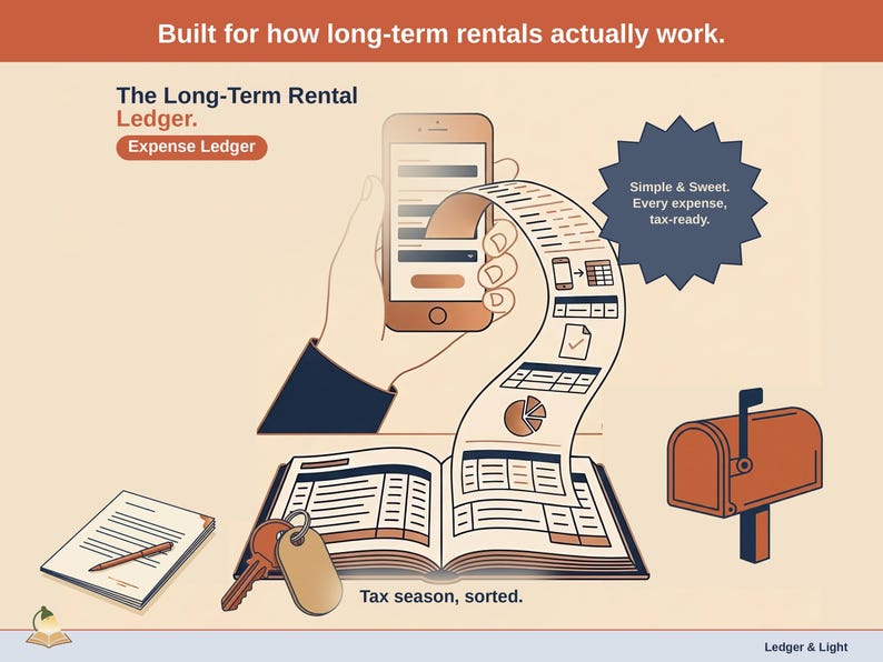Title slide for the Long-Term Rental Ledger — “Expense Ledger” set over illustrated long-term rental objects on a desk. Expenses, mileage, and tax-ready reporting — with the categories you actually use.