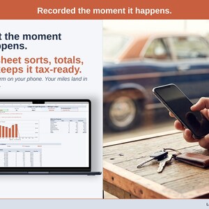 A laptop open to the Dashboard of a maker Mileage Ledger in Google Sheets, with the headline “Log it the moment it happens. The sheet sorts, totals, and keeps it tax-ready”. Google Form on your phone. Your miles land in your sheet.
