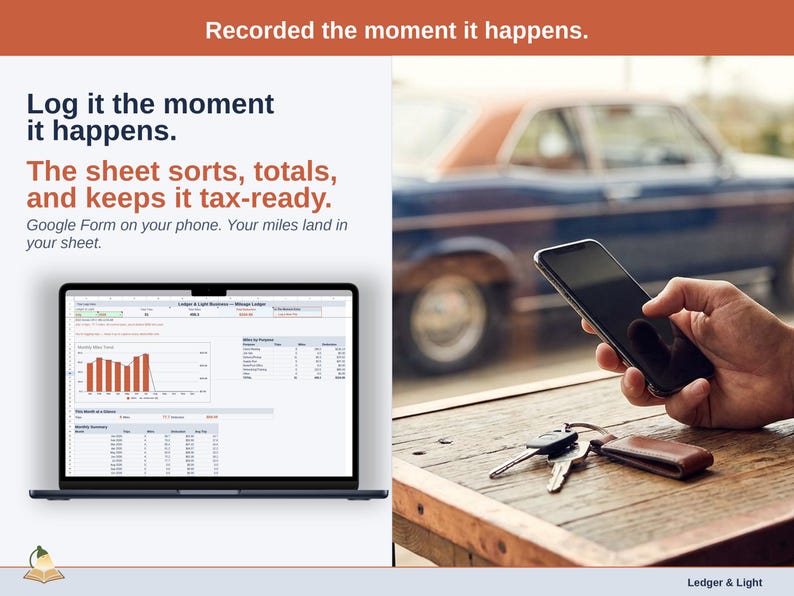 A laptop open to the Dashboard of a maker Mileage Ledger in Google Sheets, with the headline “Log it the moment it happens. The sheet sorts, totals, and keeps it tax-ready”. Google Form on your phone. Your miles land in your sheet.