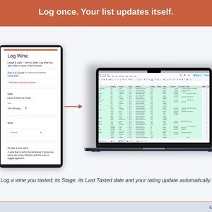 A logged entry moving from the phone form into the Items tab on a laptop, where the Stage, the date and the rating update on their own.