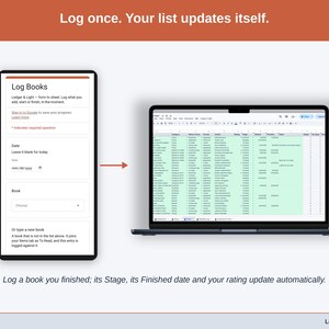 A logged entry moving from the phone form into the Items tab on a laptop, where the Stage, the date and the rating update on their own.