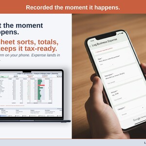A laptop open to the Dashboard of a notary Expense & Mileage Ledger + Reporting in Google Sheets, with the headline “Log it the moment it happens. The sheet sorts, totals, and keeps it tax-ready”. Google Form on your phone. Expense lands in your sheet.