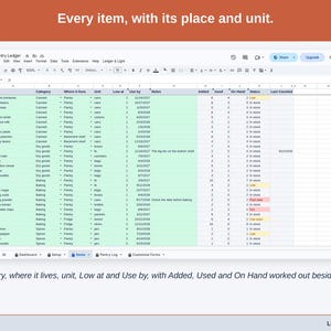 The Items tab: category, where it lives, unit, Low at and Use by for each item, with Added, Used, On Hand and Status worked out beside them.