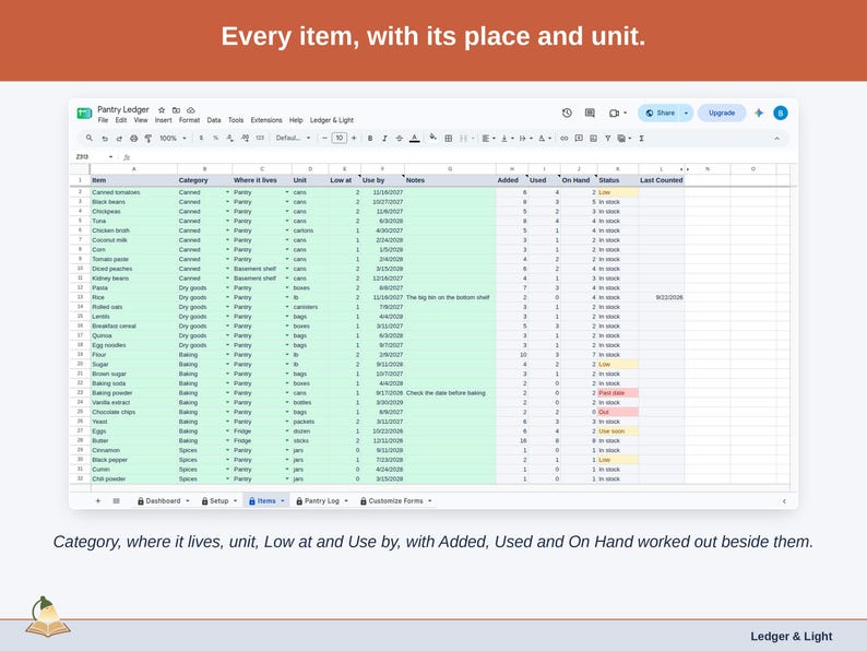 The Items tab: category, where it lives, unit, Low at and Use by for each item, with Added, Used, On Hand and Status worked out beside them.