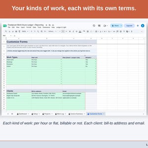 The Customize Forms tab: each kind of work set per hour or flat, billable or not, and each client’s bill-to address and email.