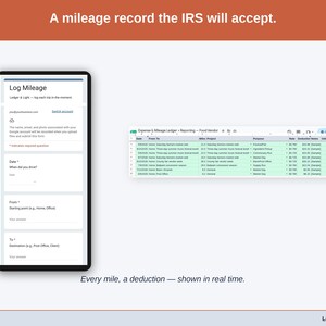 The Mileage Log tab — date, purpose, start and end odometer, miles, and the deduction at the IRS standard rate, calculated per trip. A food vendor driving record built to be accepted.