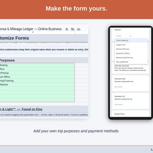 The Customize Forms tab, where the dropdowns become yours: online business trip purposes such as client meeting, supply run and delivery/pickup, plus your own payment methods.