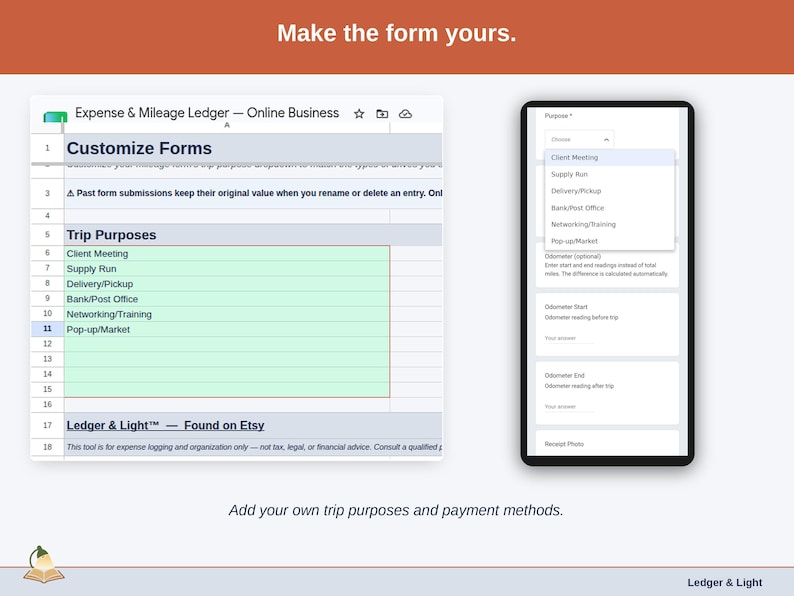 The Customize Forms tab, where the dropdowns become yours: online business trip purposes such as client meeting, supply run and delivery/pickup, plus your own payment methods.