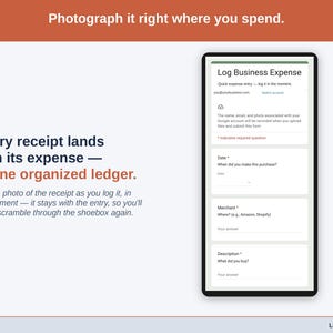 Close on the form’s receipt field — photograph the receipt as you log the purchase and it stays attached to that entry, so a contractor record and its proof never come apart.