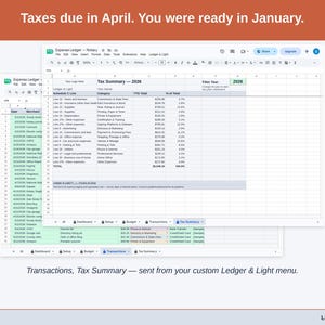 Two exported cards side by side — Tax Summary and Transactions — sent from the Expense Ledger’s custom Ledger & Light menu. A notary year, ready to hand over.