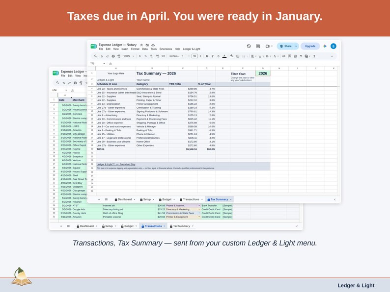 Two exported cards side by side — Tax Summary and Transactions — sent from the Expense Ledger’s custom Ledger & Light menu. A notary year, ready to hand over.