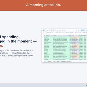 The Transactions tab showing one real day of bed & breakfast spending — a grocery run for breakfast, fresh linens, a booking-site fee — each logged in the moment, each a deduction you’ve earned.