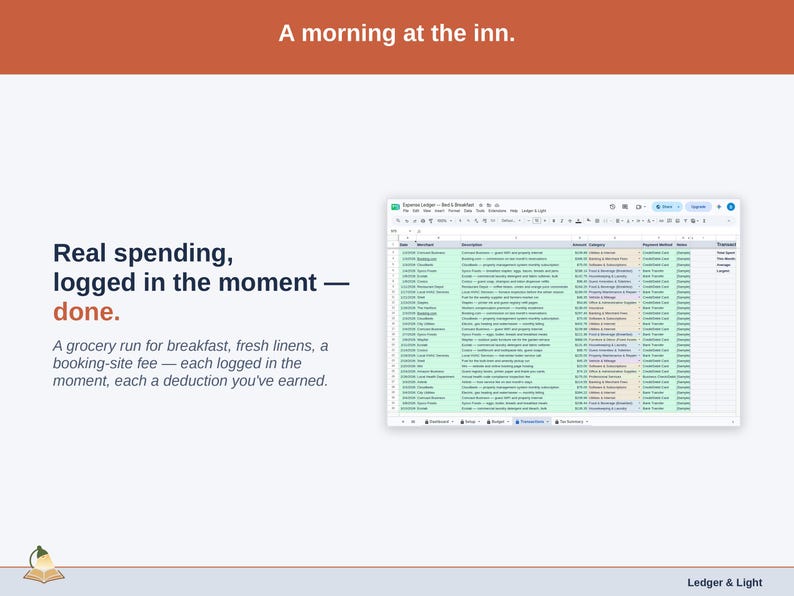 The Transactions tab showing one real day of bed & breakfast spending — a grocery run for breakfast, fresh linens, a booking-site fee — each logged in the moment, each a deduction you’ve earned.