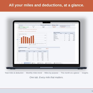 Full-width view of the Mileage Ledger Dashboard tab: total miles & deduction, monthly miles trend, miles by purpose, this month at a glance, insights — a online business business, whole, on one tab.