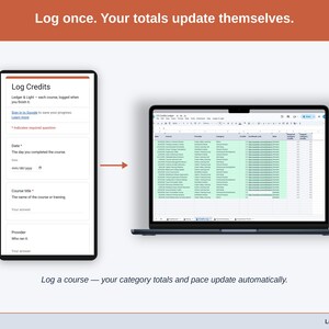 A logged course moving from the phone form into the Credits Log on a laptop, where the totals update on their own.