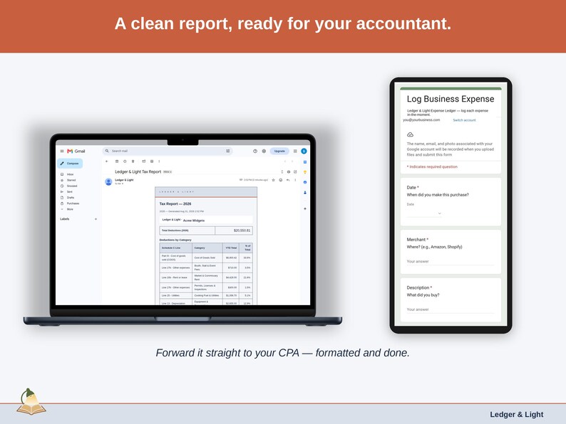 An emailed report open in Gmail — the food vendor year formatted and sent straight from the sheet, ready to forward to an accountant.
