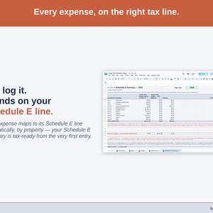 The Tax Summary tab on a laptop, every long-term rental expense already sitting on its Schedule C line. Each expense maps to its Schedule E line automatically, by property — your Schedule E Summary is tax-ready from the very first entry.