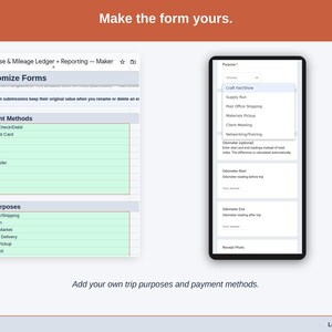 The Customize Forms tab, where the dropdowns become yours: maker trip purposes such as post office/shipping, supply run and craft fair/market, plus your own payment methods.
