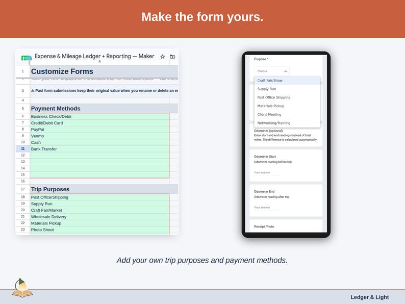The Customize Forms tab, where the dropdowns become yours: maker trip purposes such as post office/shipping, supply run and craft fair/market, plus your own payment methods.