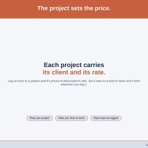 A statement slide: The project sets the price. Log an hour to a project and it’s priced at that project’s rate. Set a rate on a kind of work and it wins wherever you log it.