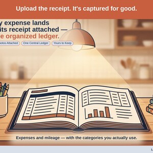 Closing slide, captioned receipt photos attached, one central ledger, yours to keep. Every child care expense lands with its receipt attached, in one ledger that stays in your own Drive.