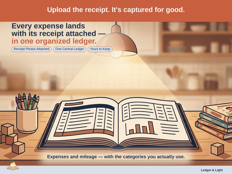 Closing slide, captioned receipt photos attached, one central ledger, yours to keep. Every child care expense lands with its receipt attached, in one ledger that stays in your own Drive.