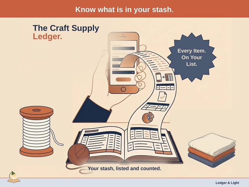 Title slide for the Craft Supply Ledger — a thread spool, a stack of folded fabric and a ball of yarn around an open ledger, with a phone feeding it: your stash, listed and counted.