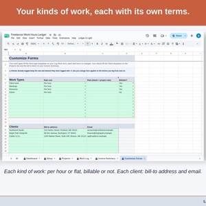 The Customize Forms tab: each kind of work set per hour or flat, billable or not, and each client’s bill-to address and email.