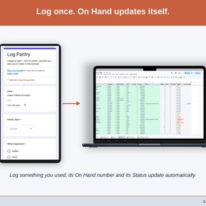 A logged entry moving from the phone form into the Items tab on a laptop, where On Hand and Status update on their own.