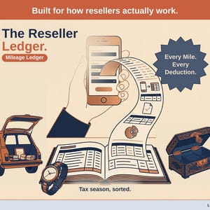 Title slide for the Reseller Ledger — “Mileage Ledger” set over illustrated reseller objects on a desk. Expenses, mileage, and tax-ready reporting — with the categories you actually use.