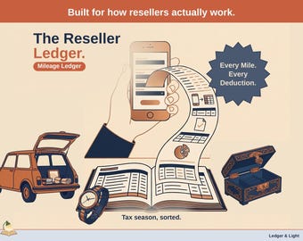May include: An infographic titled The Reseller Ledger featuring a smartphone, a car with an open trunk, a wristwatch, and an open ledger book. Text includes Built for how resellers actually work, Mileage Ledger, Every Mile. Every Deduction., and Tax season, sorted.