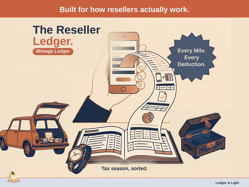 Title slide for the Reseller Ledger — “Mileage Ledger” set over illustrated reseller objects on a desk. Expenses, mileage, and tax-ready reporting — with the categories you actually use.