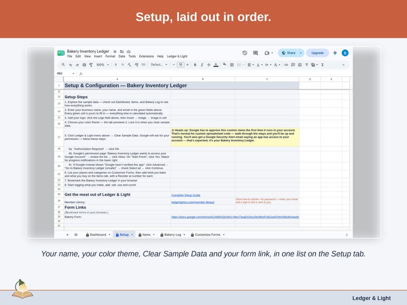 The Setup tab: your name, color theme, Clear Sample Data and the form link in one list.