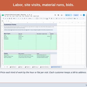 The Customize Forms tab: labor, site visits, material runs and bids, each priced by the hour or flat per visit, and each customer’s bill-to address.