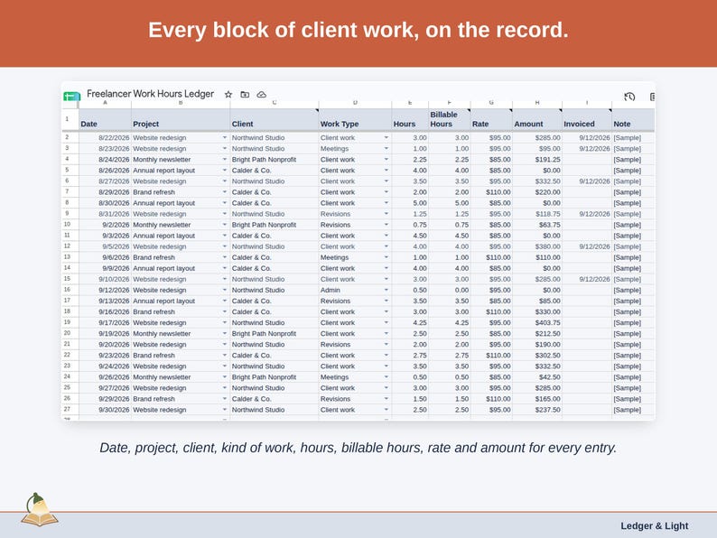 The Work Log tab: Date, project, client, kind of work, hours, billable hours, rate and amount for every entry.