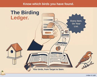 May include: A graphic titled The Birding Ledger featuring a smartphone, a long scrolling list, an open ledger book, binoculars, a birdhouse, and a bird. Text includes Know which birds you have found, Every Item. On Your List., and Your birds, from Target to Seen.