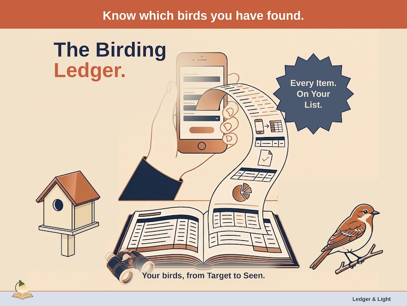 Title slide for the Birding Ledger - a birdhouse, a songbird on a branch and a pair of binoculars around an open ledger, with a phone feeding it: your birds, from Target to Seen.