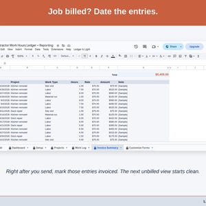 A statement slide: Job billed? Date the entries. Mark shown entries invoiced from your custom Ledger & Light menu. The next billing period opens with only new work.