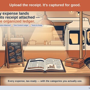 Closing slide, captioned receipt photos attached, one central ledger, yours to keep. Every food vendor expense lands with its receipt attached, in one ledger that stays in your own Drive.