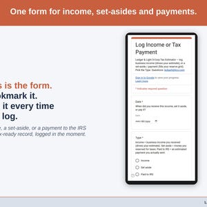 The income form on a phone — log income, a set-aside, or a payment to the IRS, and the quarterly number moves with it.
