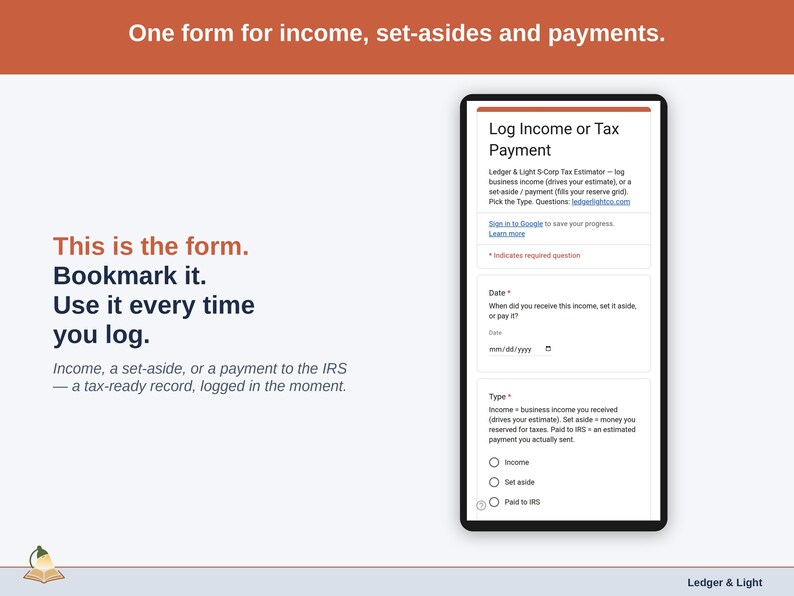 The income form on a phone — log income, a set-aside, or a payment to the IRS, and the quarterly number moves with it.