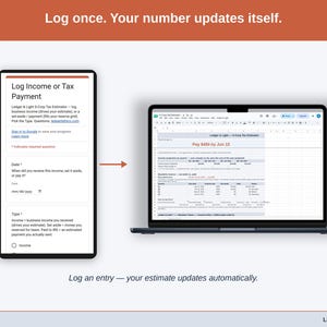 An entry submitted on the phone form landing in the sheet, the quarterly estimate recalculated on the laptop beside it.