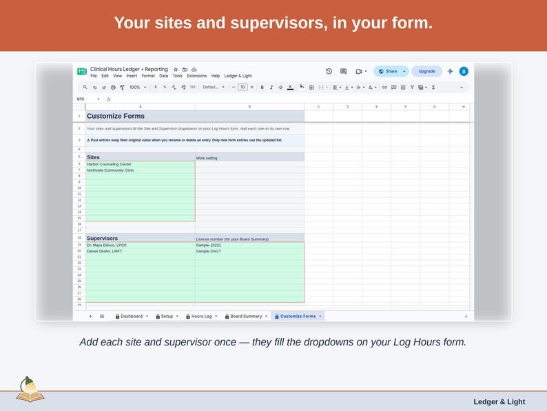 The Customize Forms tab: your sites and supervisors, each entered once, which fill the dropdowns on your Log Hours form.
