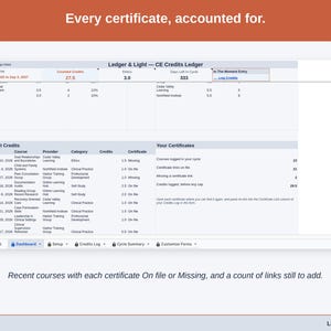 The Dashboard’s recent-courses panel: each certificate marked On file or Missing, with a count of certificate links still to add.