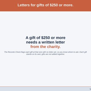 A statement slide on charity letters: a gift of $250 or more needs a written letter from the charity, and the Records Check flags each one that has none yet.