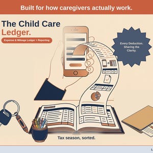 Title slide for the Child Care Ledger — “Expense & Mileage Ledger + Reporting” set over illustrated child care objects on a desk. Expenses, mileage, and tax-ready reporting — with the categories you actually use.