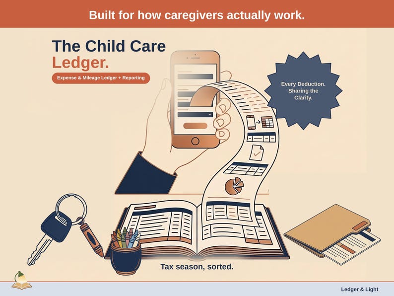 Title slide for the Child Care Ledger — “Expense & Mileage Ledger + Reporting” set over illustrated child care objects on a desk. Expenses, mileage, and tax-ready reporting — with the categories you actually use.