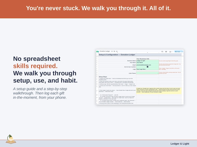 The Setup tab with its walkthrough: a setup guide, then log each gift in-the-moment from your phone.